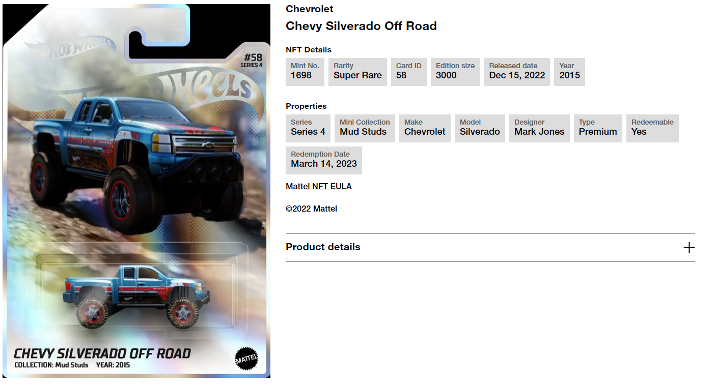 Hot Wheels NFTH Garage Series 4 Chevy Silverado Off Road