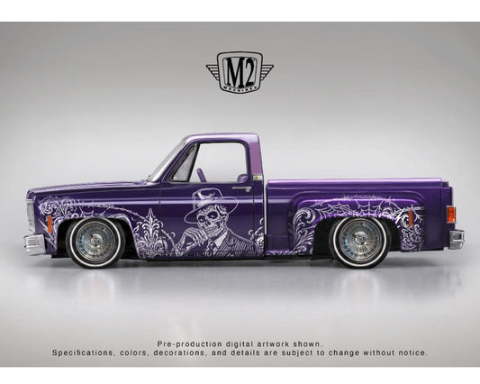 [PRE-ORDER] M2 Machines 1979 Chevrolet Silverado Stepside “Dia De Los Muertos” – Purple Hobby Exclusive