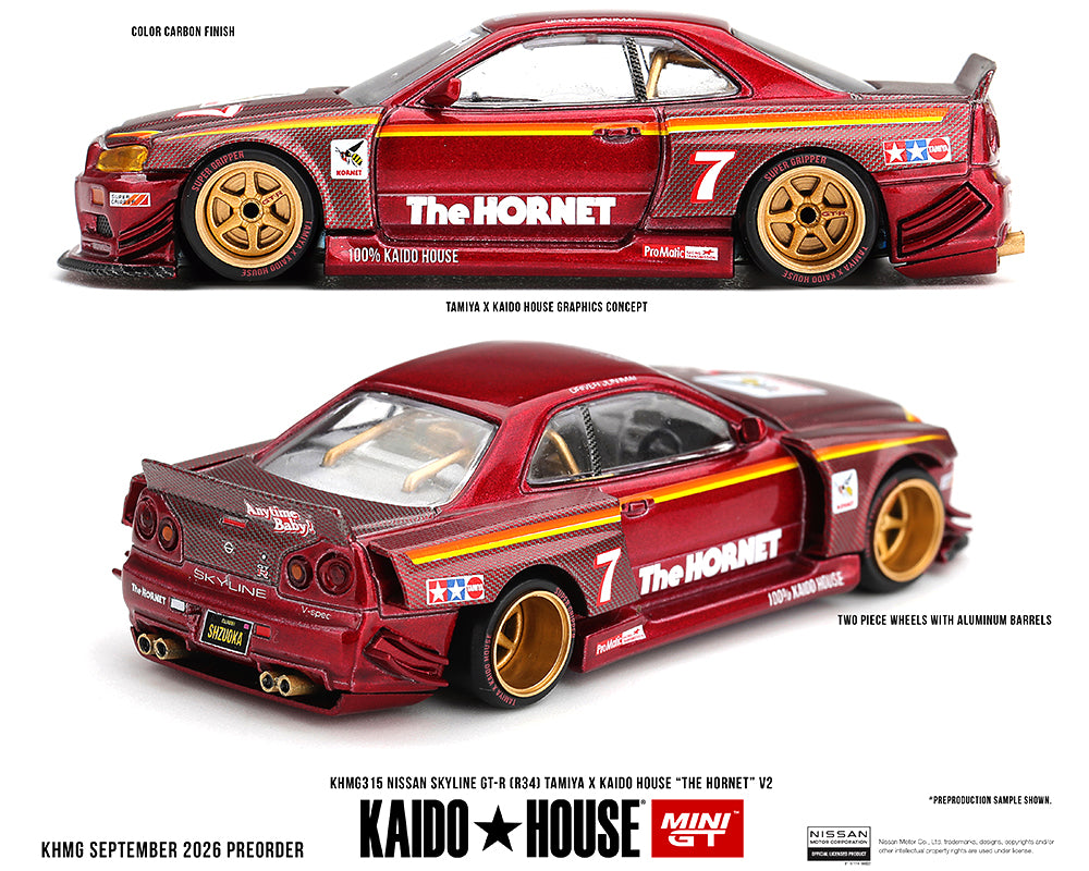 [PRE-ORDER] Kaido House x Mini GT Nissan Skyline GT-R (R34) TAMIYA x KAIDO HOUSE “The Hornet” V2 – M. Red Carbon