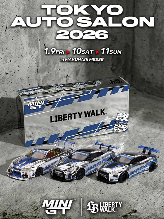 [PRE-ORDER] [TOKYO AUTO SALON 2026] Mini GT LB-Works Nissan GT-R Series Project FF-R Collection - Chrome Silver Blue Stripes