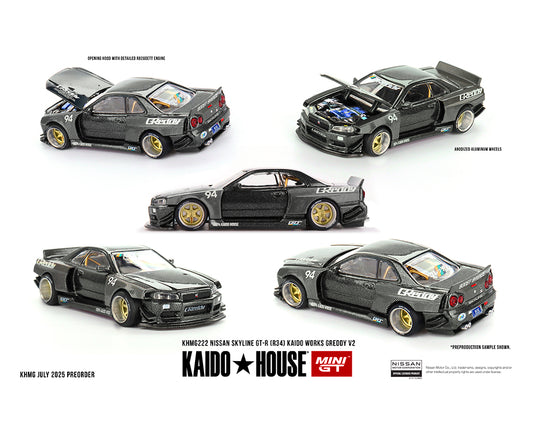 [PRE-ORDER] Kaido House x Mini GT 1:64 Nissan Skyline GT-R (R34) Kaido Works GReddy V2 – Black w/ Carbon