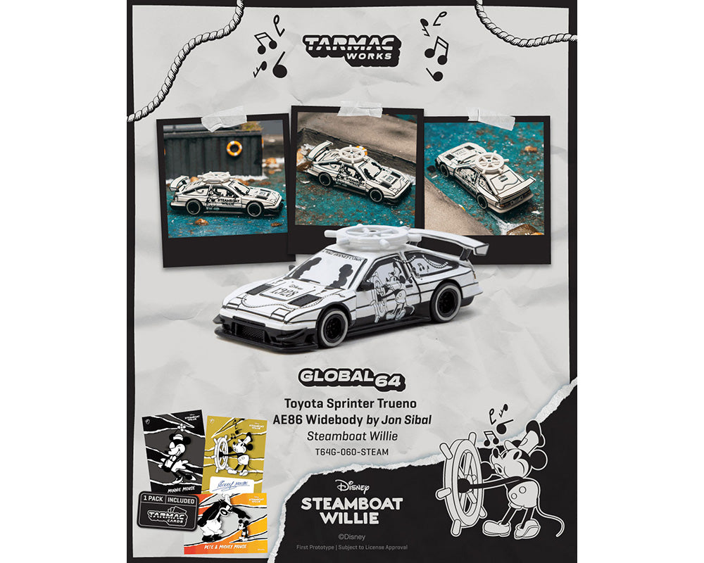 [PRE-ORDER] Tarmac Works Toyota Sprinter Trueno AE86 Widebody by Jon Sibal Mickey & Friends Steamboat Willie w/ Trading Card Combo Set